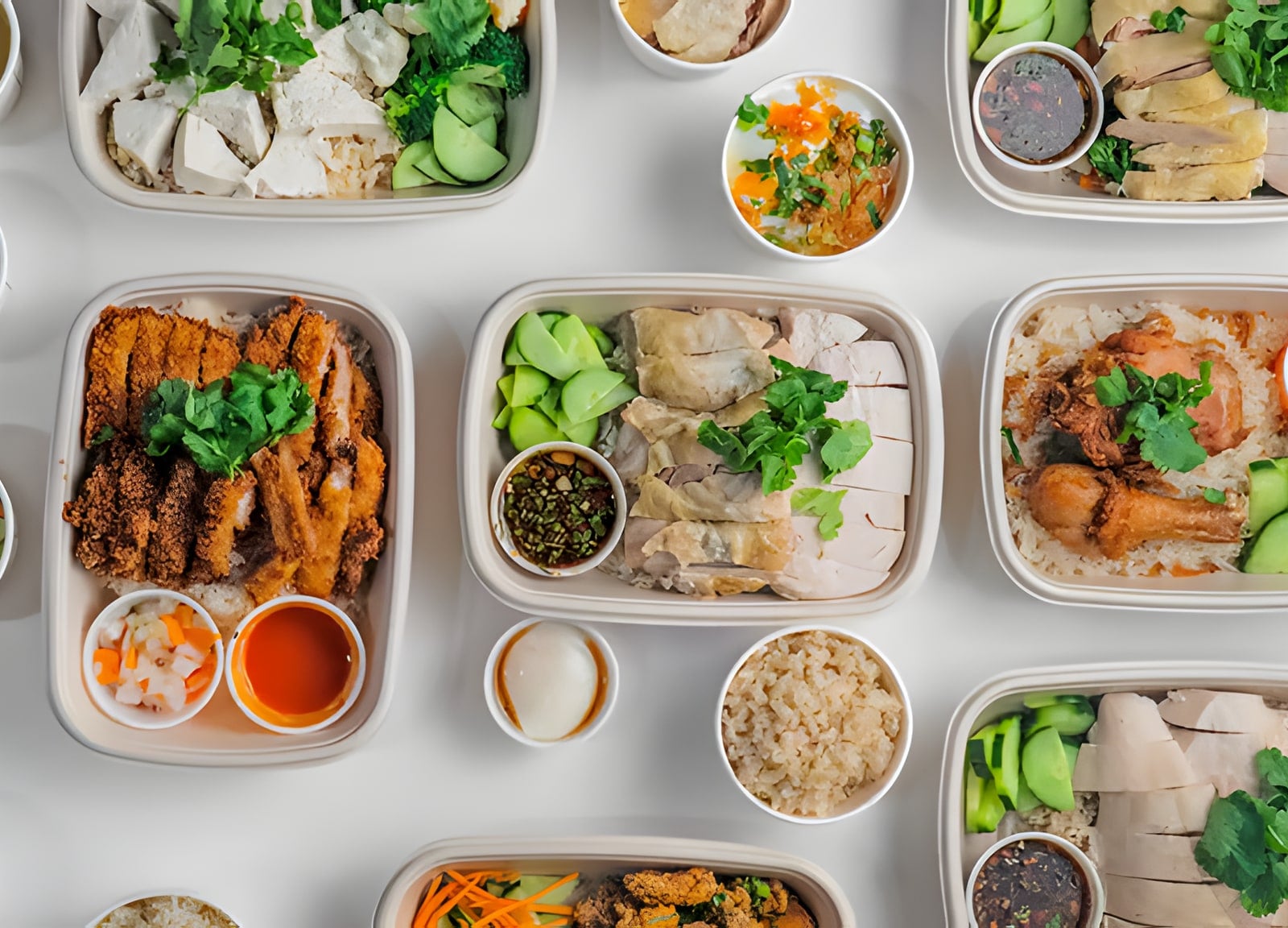 Chicken rice takeout spread packed in compostable fiber containers